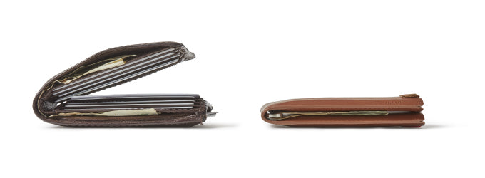 Before and after of a bulky leather wallet versus a slim Distil Union Wally Bifold wallet